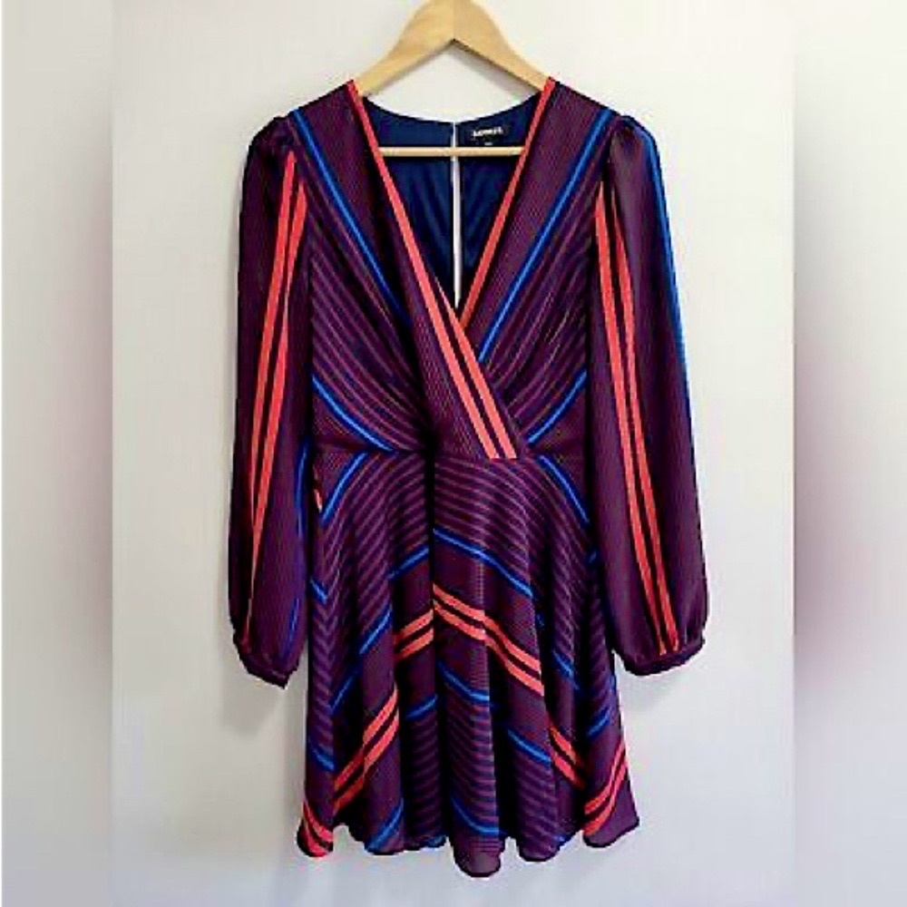 EXPRESS Y2K Boat Neck Blue Multi Striped Lined Dress 70s Mod Size S